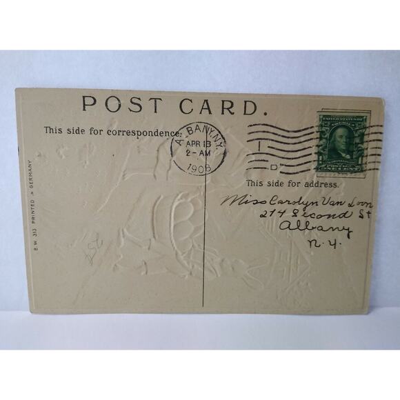 Easter Postcard Fantasy Dressed Rabbits Bunnies Painted Eggs BW 313 German 1909 - Picture 3 of 3